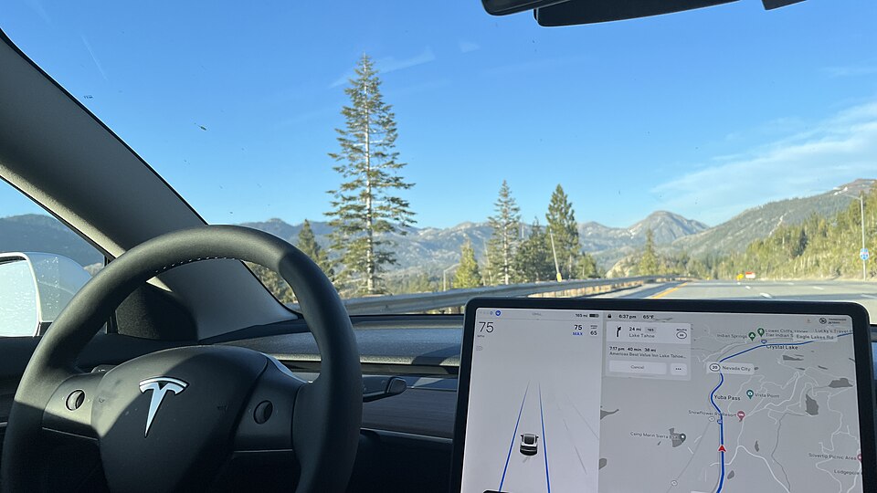 Tesla Autopilot engaged on I-80 near Lake Tahoe